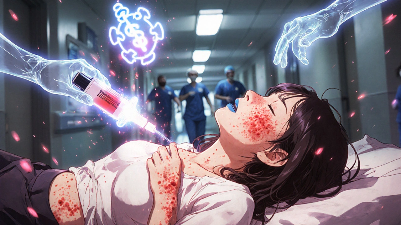 A woman having a severe allergic reaction with hives and swelling, epinephrine auto-injector deploying nearby.