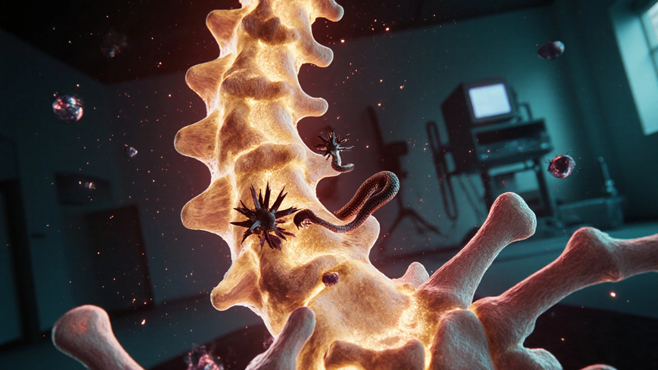 Bone marrow battlefield with osteoblasts and osteoclasts fighting, clenbuterol molecule poisoning the structure.