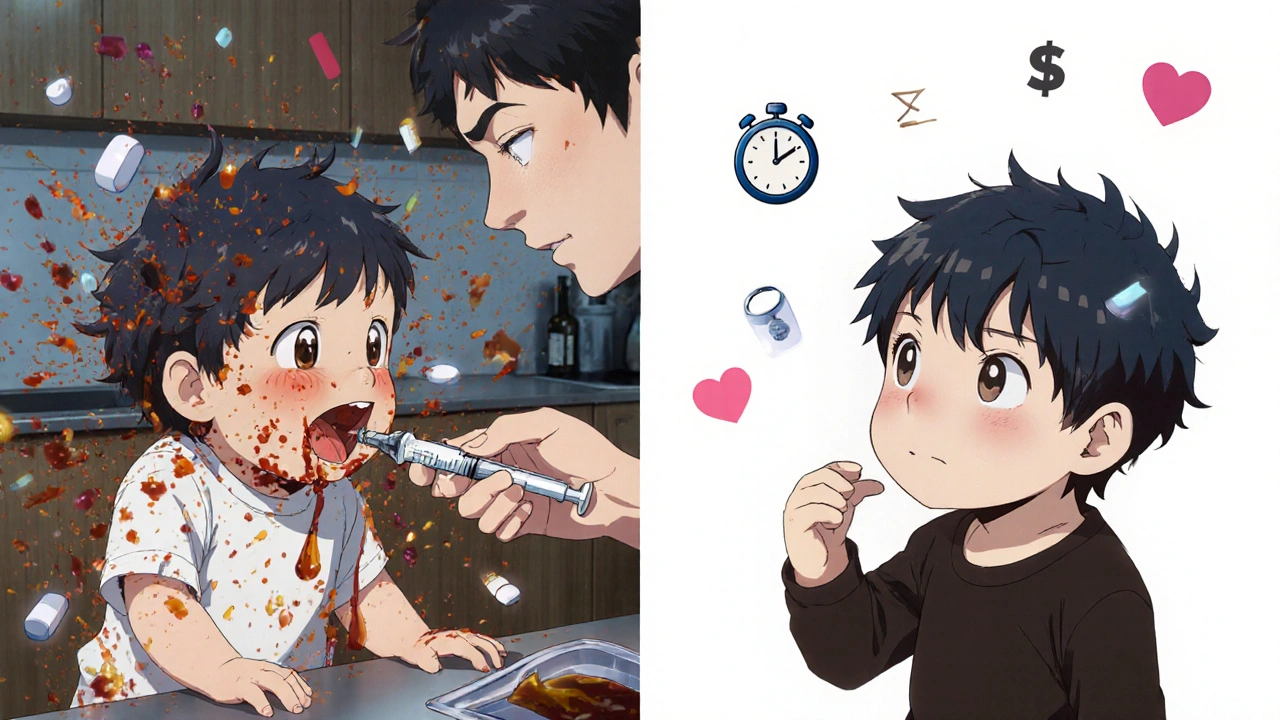 Contrasting scenes of messy liquid medicine refusal vs. smooth tablet dissolution.