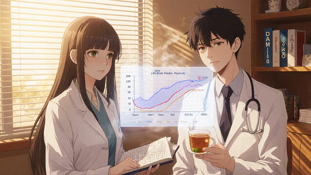 Doctor and patient reviewing a health progress chart in a warm clinic with tea and notes.