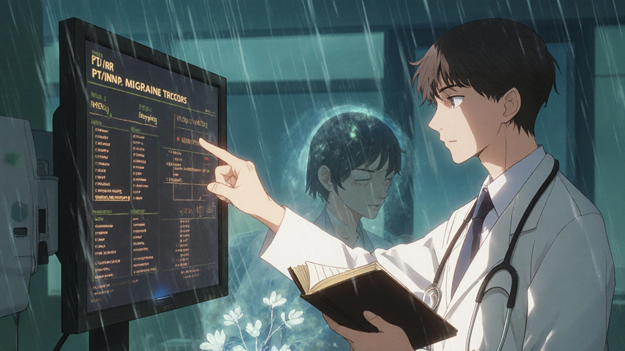 Doctor and patient reviewing blood test results in hospital room, feverfew flowers fading in background.