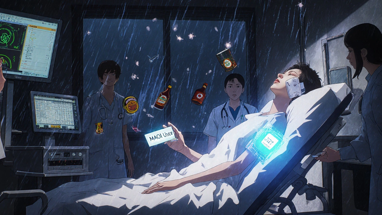 Emergency room scene with a patient wearing an Emsam patch, forbidden foods dissolving into ash, and an alert card visible.