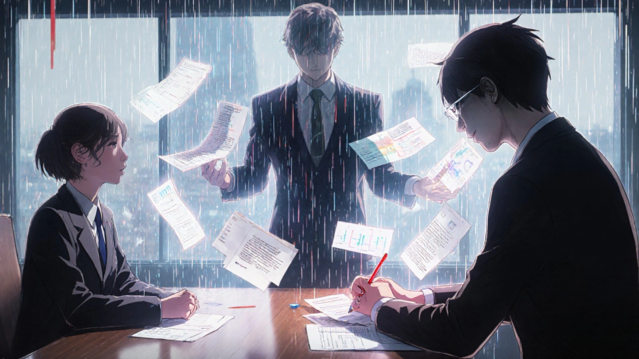 External review hearing with holographic evidence and a shadowy insurer fading into mist.