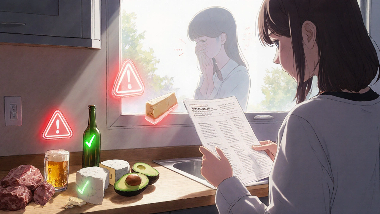 Fresh safe foods on a counter beside glowing red risky foods, with a woman reading a dietary guide under soft light.