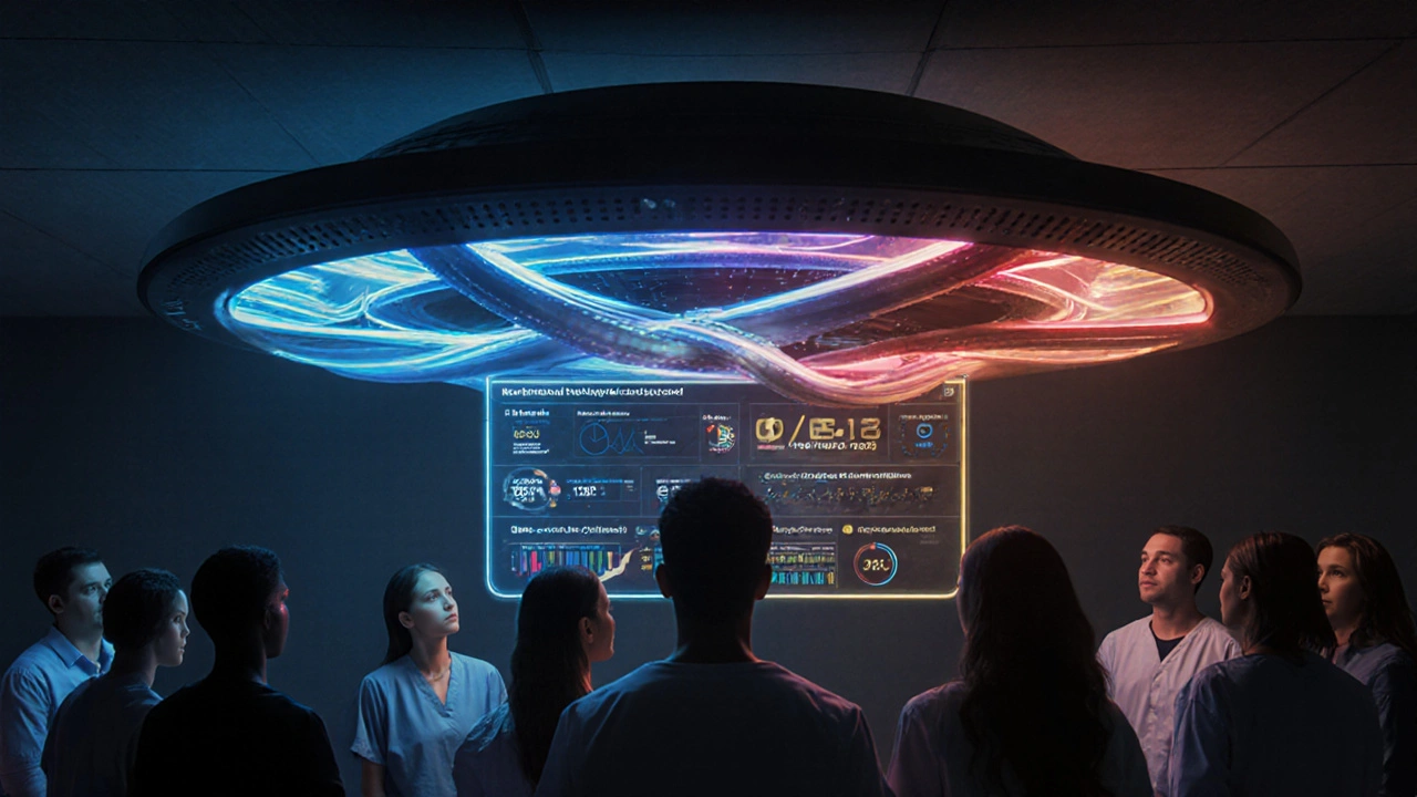 Futuristic FDA alert dashboard with three light streams converging, countdown to mobile app.
