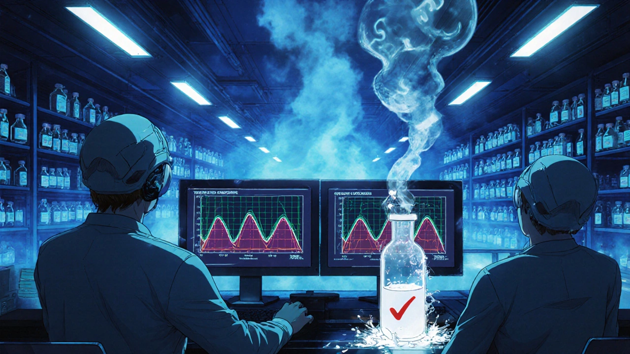 Futuristic FDA lab with holographic bioequivalence data and endless shelves of generic drugs.