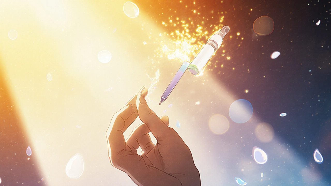 Hand reducing insulin dose as golden steroid energy fades in background.