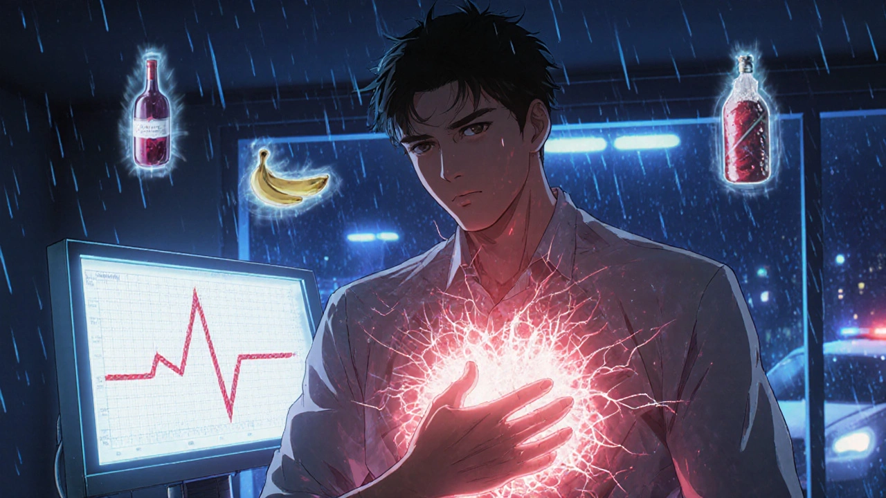 Man in emergency room with blood pressure spike visualized as a cracking crimson wave.