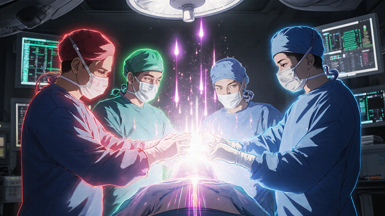 Medical team activating a multidimensional pain-control matrix during surgery with glowing pathways.