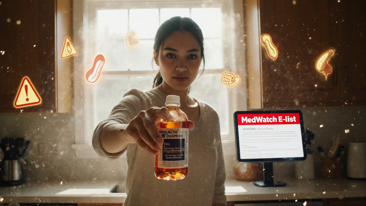 Mother hesitating before cough syrup, floating peanut-shaped safety warnings in air.