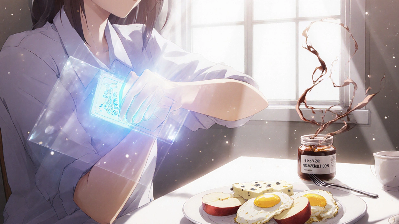 Patient applying patch with fresh food and protective blue energy repelling tyramine threats.