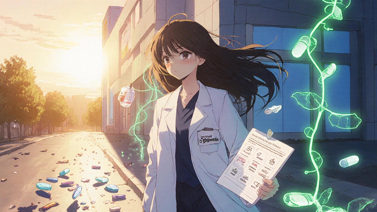 Patient exiting hospital with gabapentin and recovery tools, opioid pills turning to ash behind them.