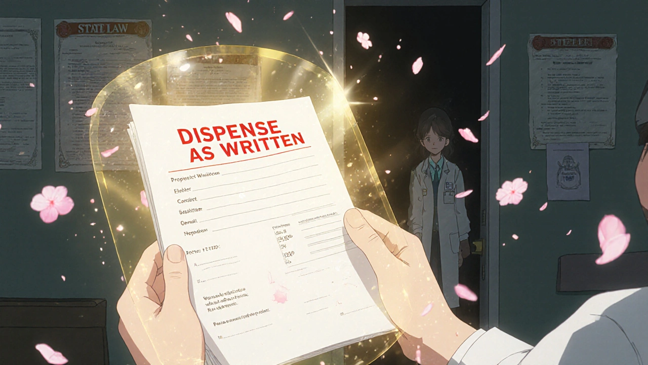 Patient holding prescription with &#039;Dispense as Written&#039; as golden protective light surrounds them