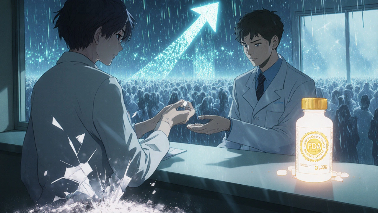 Patient receiving a generic pill as millions of patient records glow behind them.