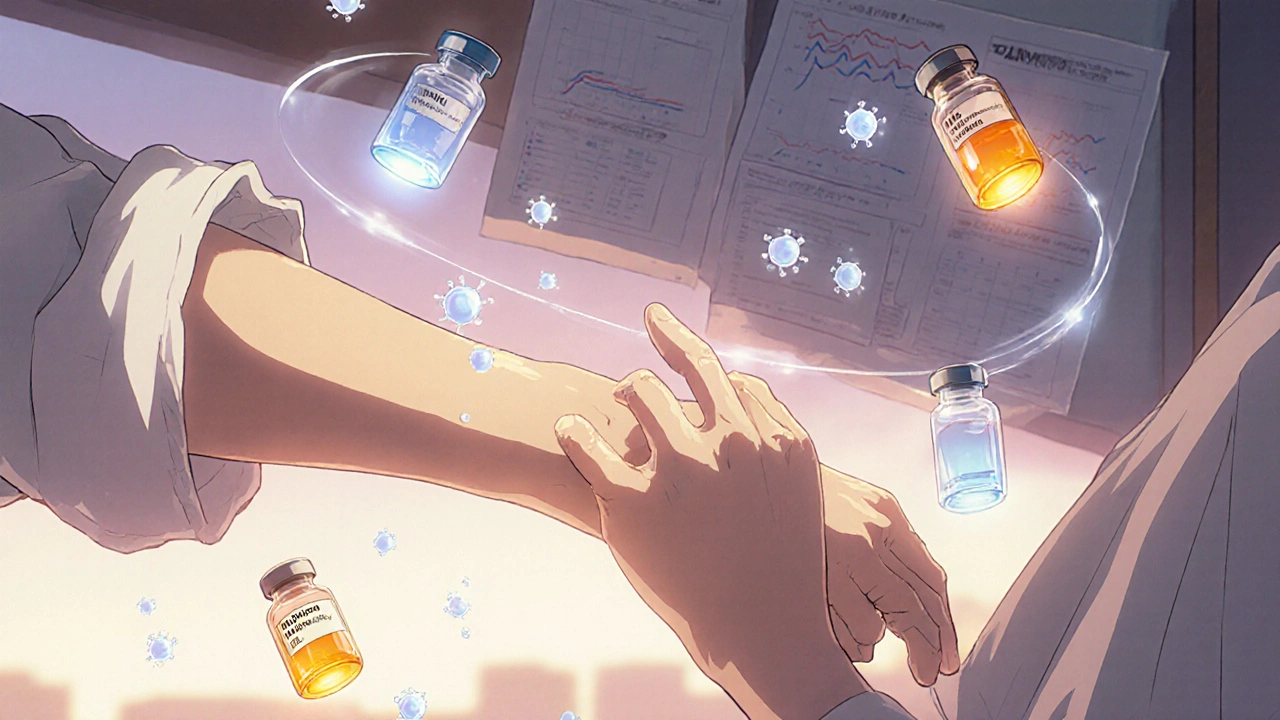 Patient receiving insulin injection with floating glucose and insulin symbols in hospital room.