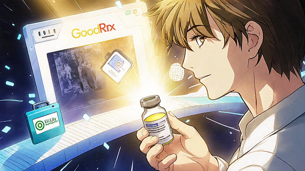 Patient receiving insulin vial from a glowing assistance portal as past struggles fade away.