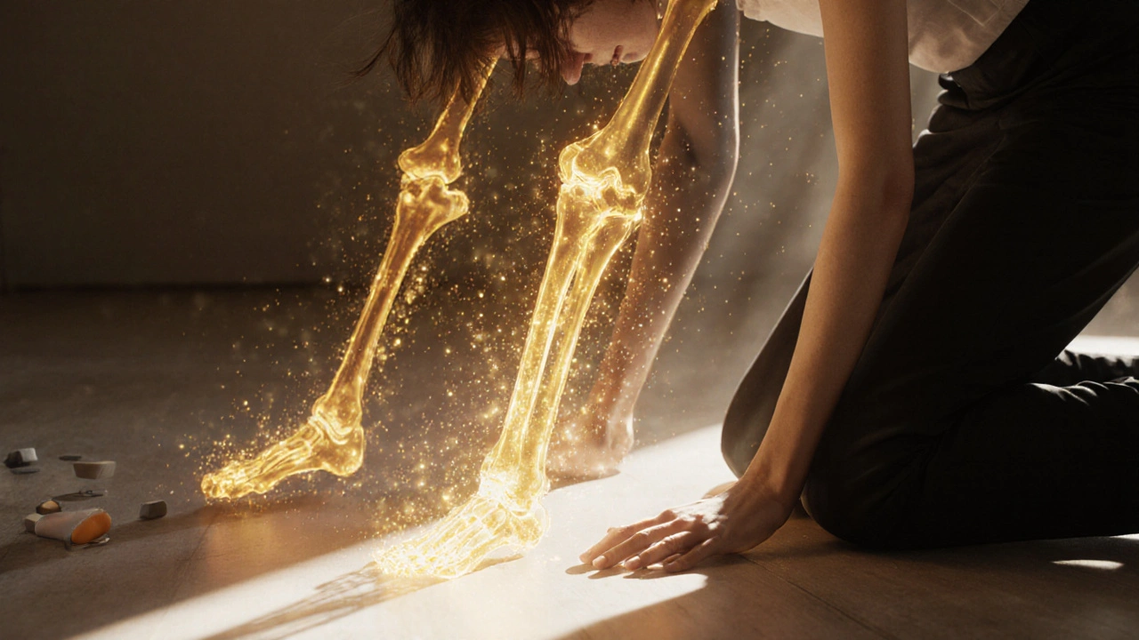 Person rebuilding bone health with golden energy from exercise and nutrients, overcoming past drug use.