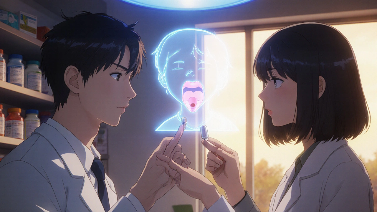 Pharmacist showing parent how to handle a pediatric tablet with a holographic throat animation.