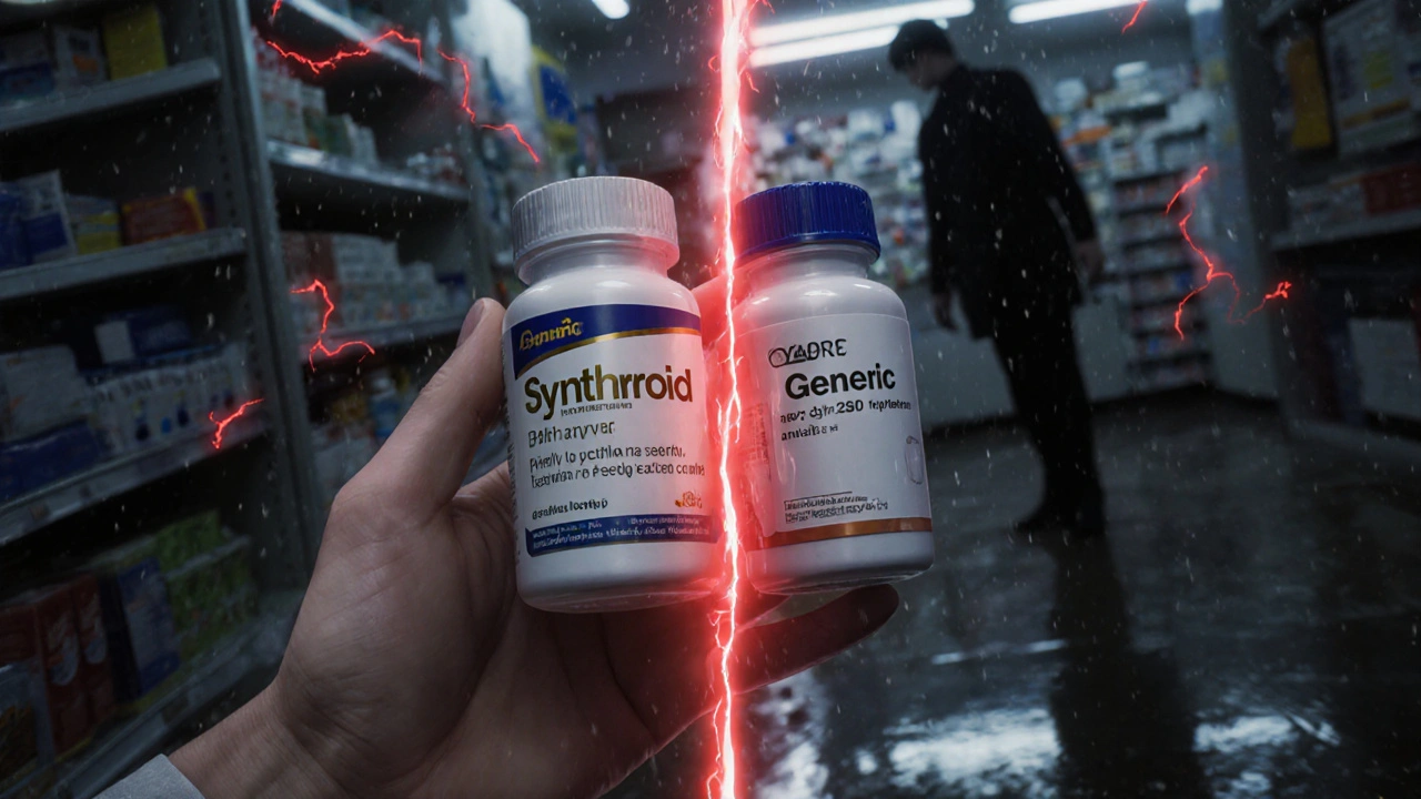 Side-by-side comparison of brand-name and generic pill bottles with glowing warning line