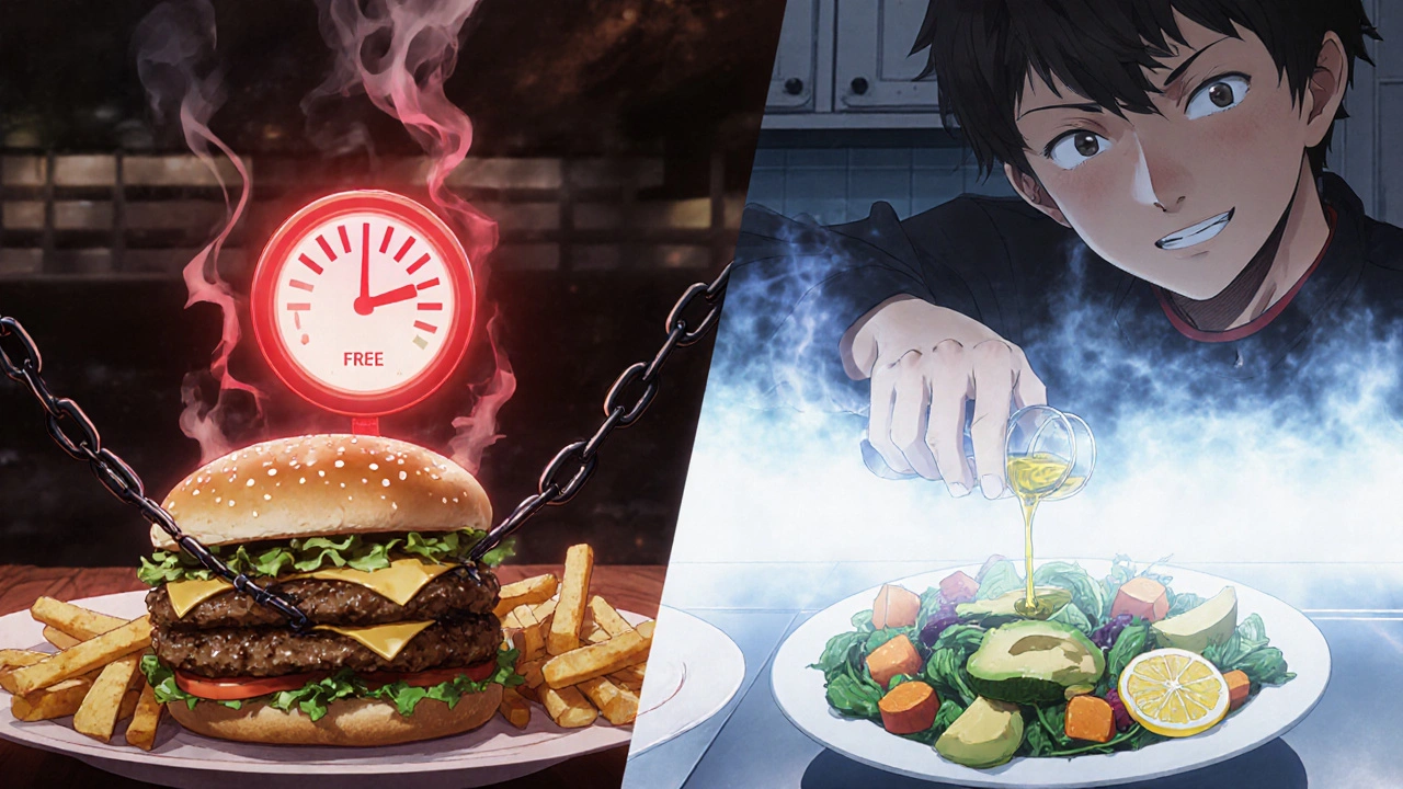 Split scene: fast-food meal with red sodium overload vs. home-prepared salad with glowing healthy foods.