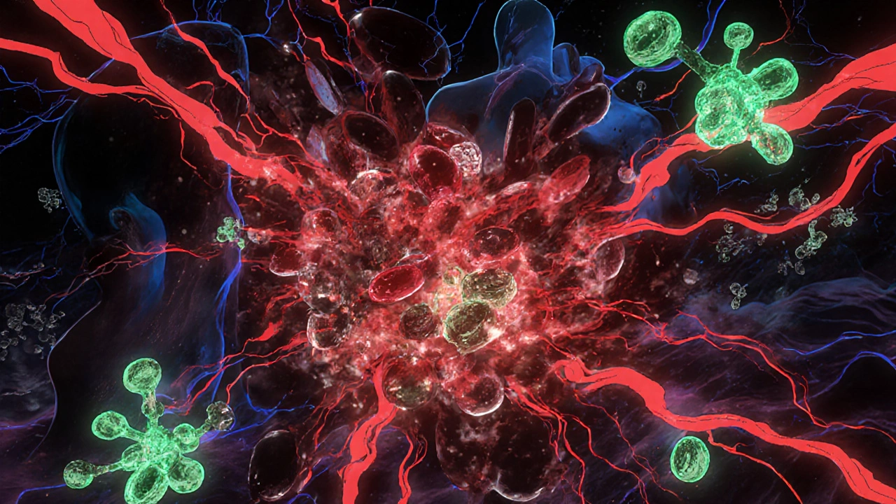 Surreal bloodstream with green particles blocking red platelets, warfarin molecules, and bleeding streaks.