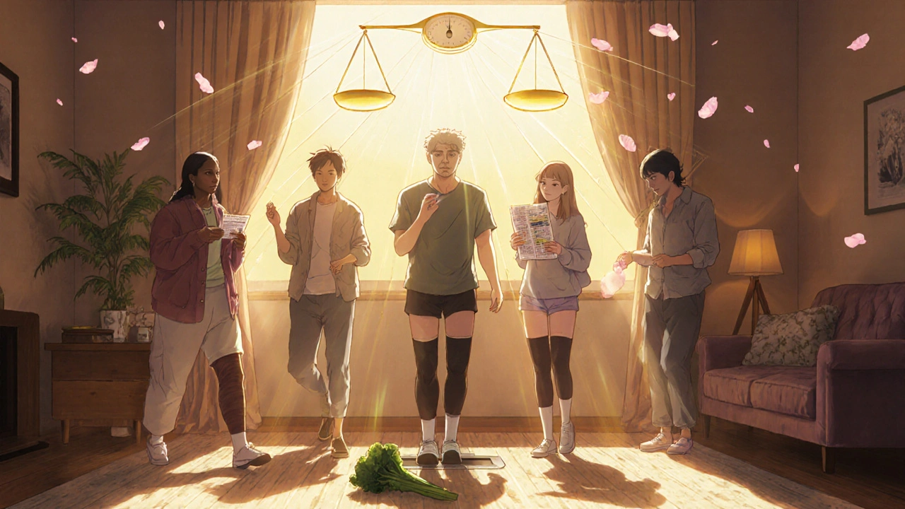 Three CKD patients practicing diet, compression, and weighing, connected by glowing threads to a balance scale.