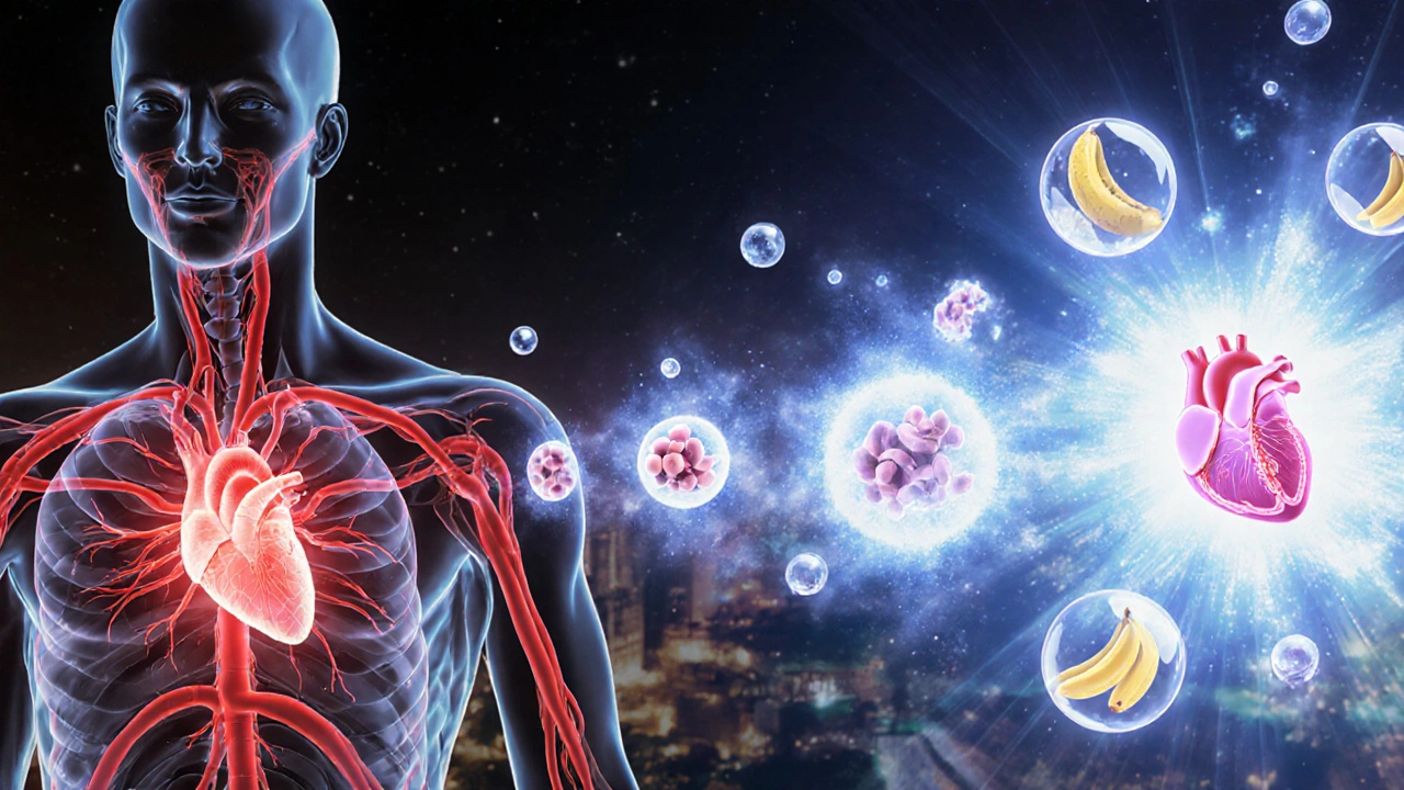 Transparent human figure with arteries transforming from constricted red to flexible blue, surrounded by potassium-rich foods.