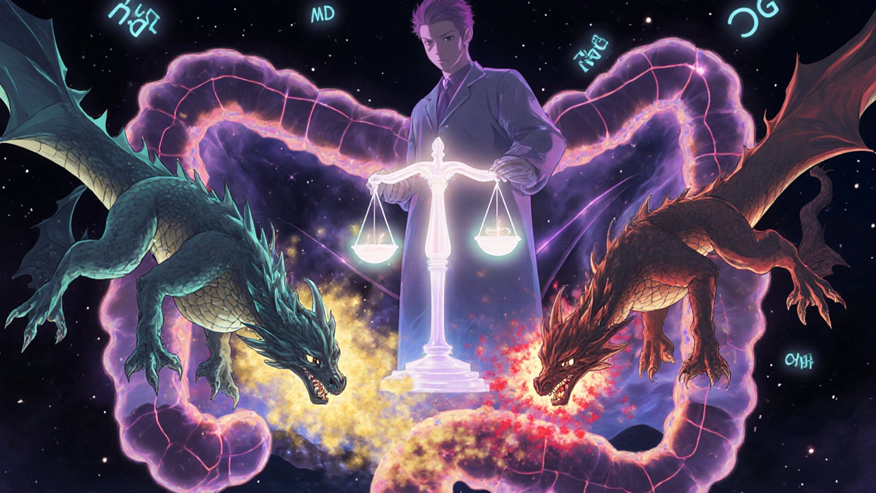 Two drug profiles represented as dragons racing through the intestines, one steady, one erratic, under regulatory balance.