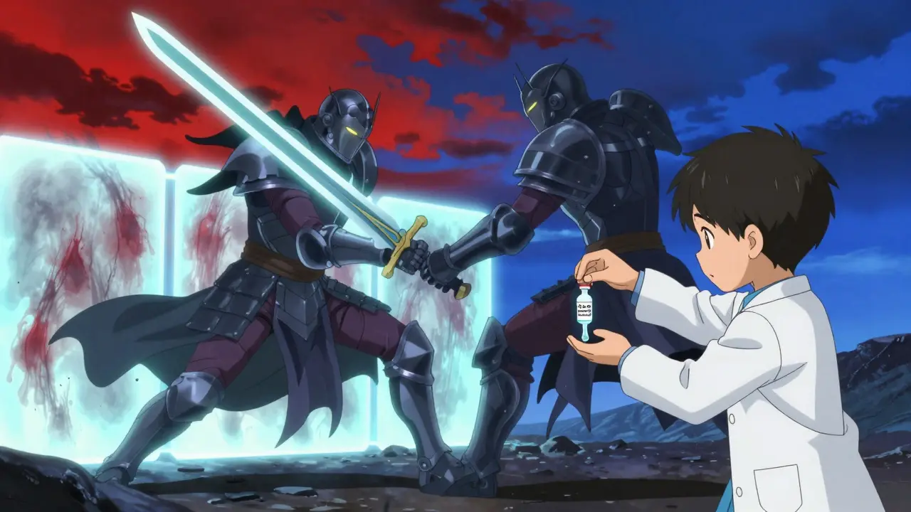 A child carefully administers a slow-dose vial as two drug warriors clash, with safety glowing behind them.