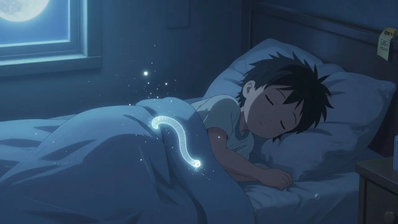 A child sleeping at night as faint pinworms and eggs drift from their skin into the air.