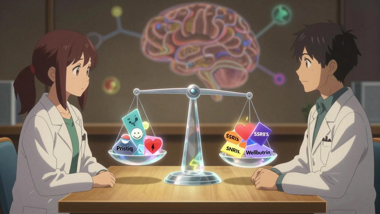 A doctor and patient at a table with a glowing scale balancing different depression treatments.