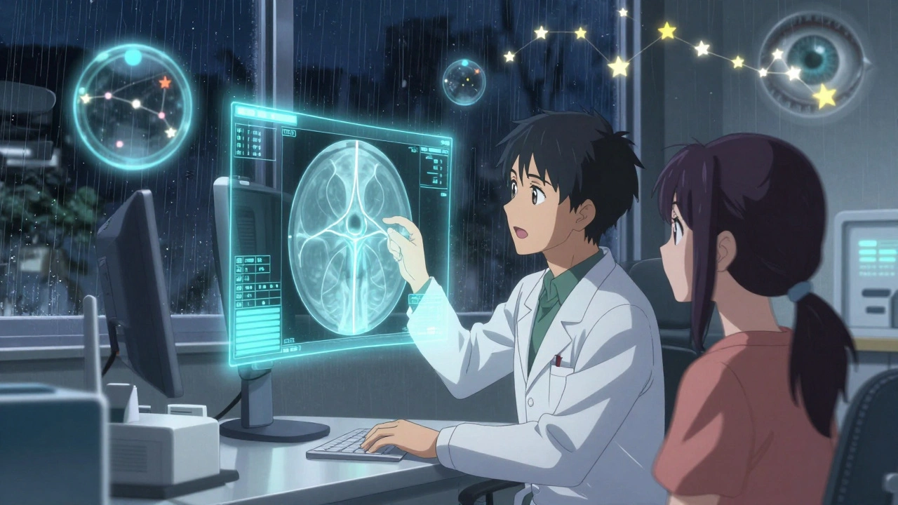 A doctor viewing a holographic eye scan with floating data orbs, revealing optic nerve thinning and risk factors.