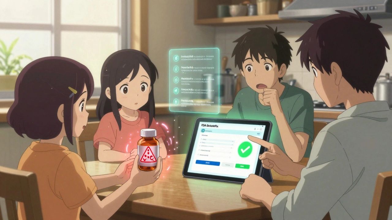 A family verifying an online pharmacy using a safety checklist while a suspicious pill glows with warning signs.