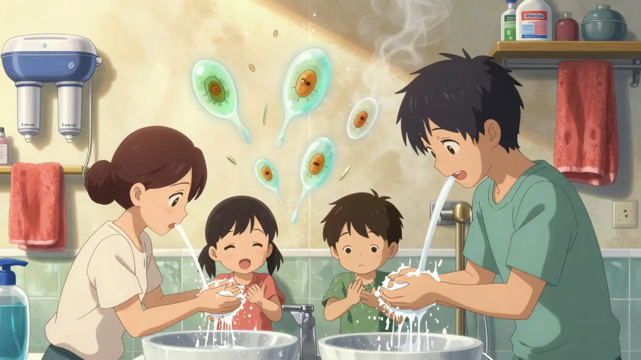 A family washing hands together as Giardia and pinworm eggs vanish in the water stream.