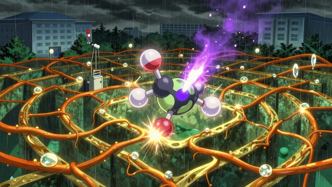 A glowing patent thicket of vines and crystals entangling a drug molecule, with a probe breaking through.