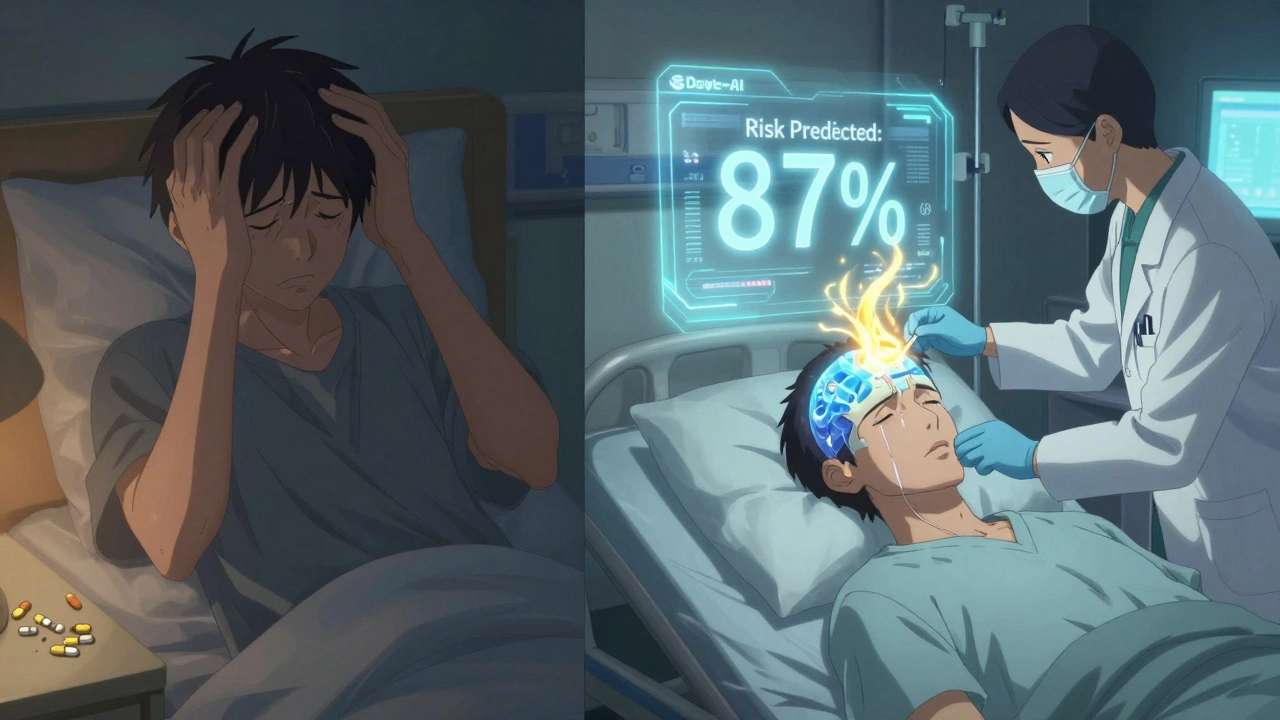 A man in pain at home contrasts with his hospital recovery, where golden energy corrects brain swelling from medication side effects.