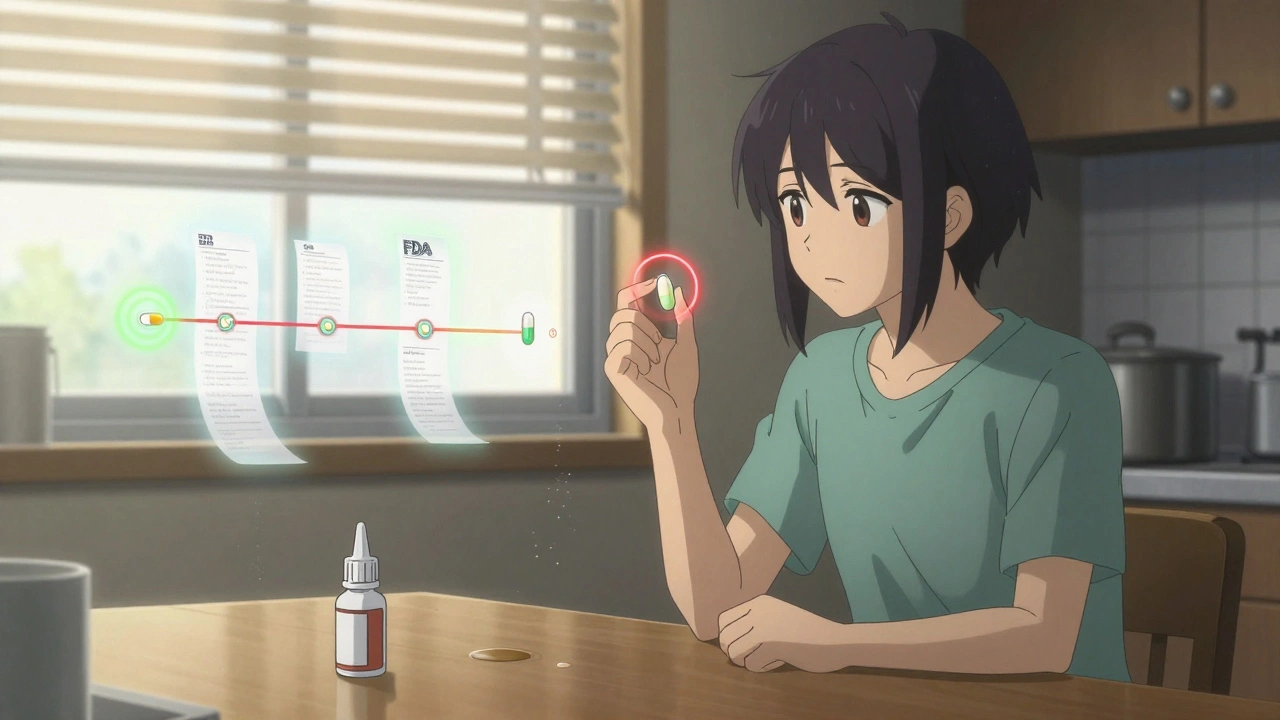 A patient holding two identical pills with glowing halos, symbolizing old and new batches.