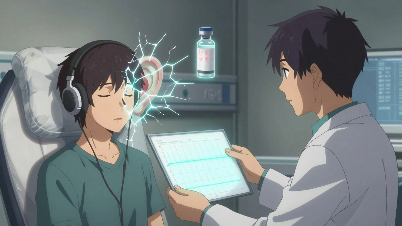 A patient in a hospital receives an audiogram while abstract ear structures fracture behind them, with a cisplatin vial emitting warning glyphs.