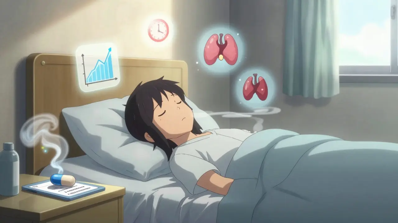 A patient in bed surrounded by floating symbols of fatigue and rising TSH levels, with a PPI capsule casting a shadow over levothyroxine.