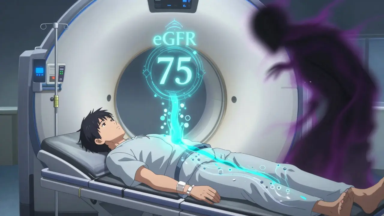 A patient receiving IV contrast dye with eGFR values floating in the air and metformin molecules moving safely through the bloodstream.