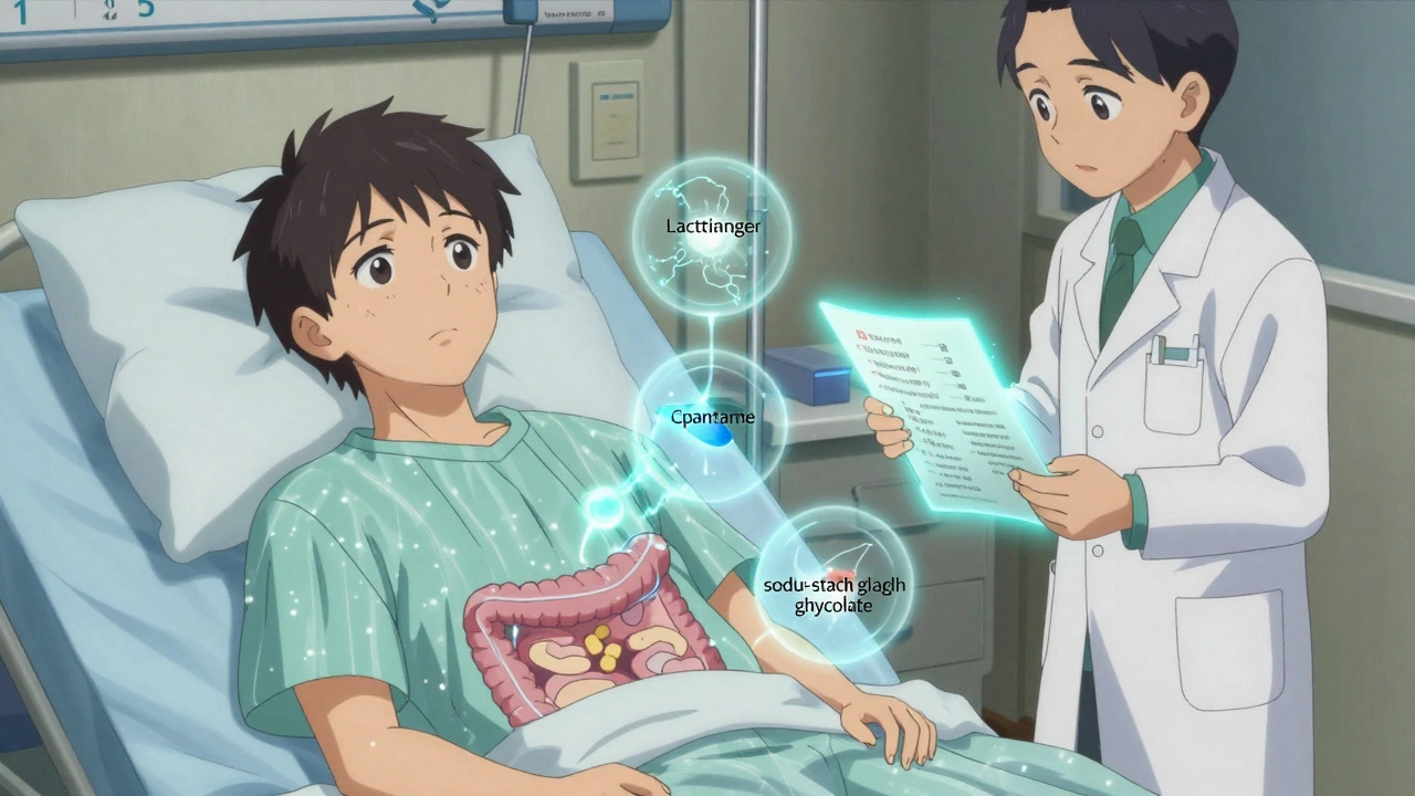 A patient receiving medication with spectral overlays showing hidden excipient effects in their body.