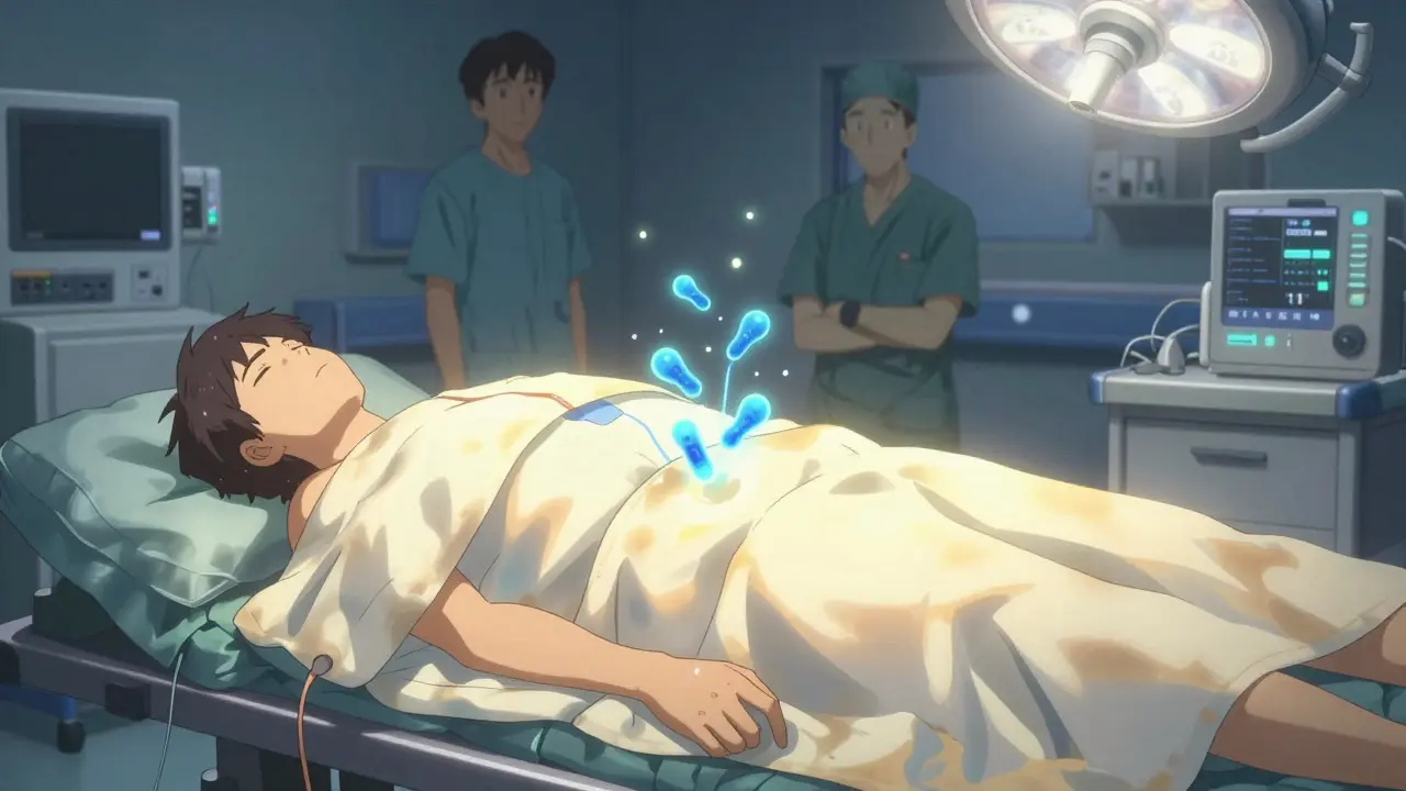 A patient under a surgical warming blanket in an operating room, invisible fentanyl molecules accelerating into their bloodstream.