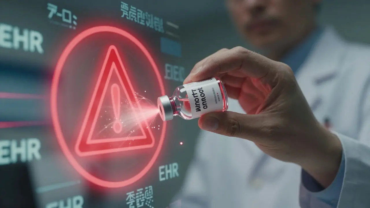 A pharmacist's hand reaching for a vial as a glowing red drug interaction warning appears.