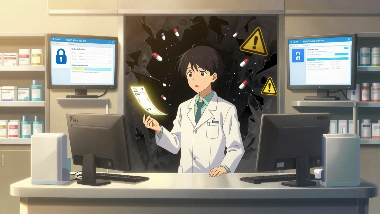 A pharmacist at a modern pharmacy counter with digital safety indicators and fake pills dissolving in shadows.