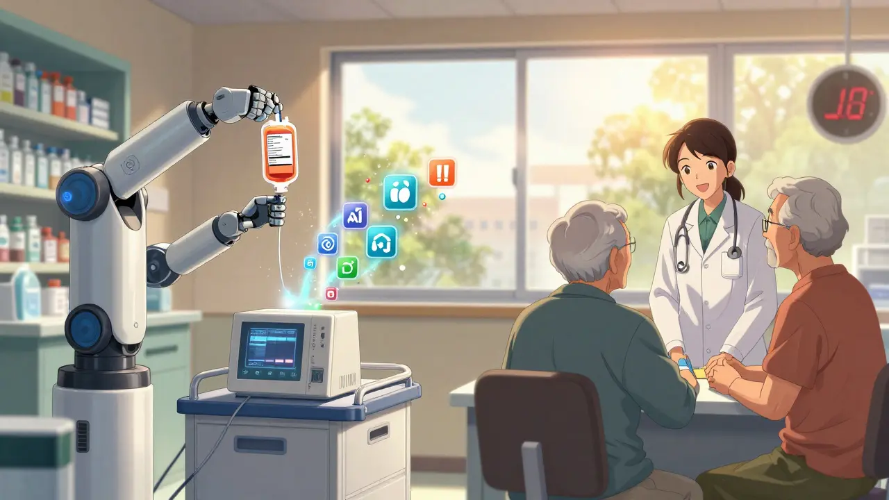 A pharmacist counseling a patient in a bright pharmacy with digital compliance icons floating nearby.