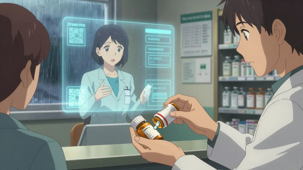 A pharmacist hands a translated pill bottle to a patient as a holographic interpreter hovers beside them in a softly lit pharmacy.