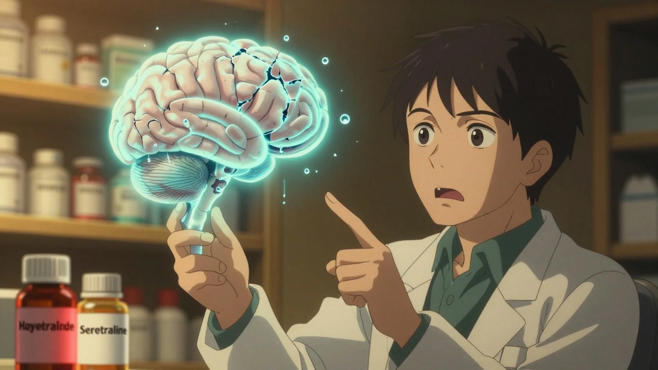 A pharmacist points to a brain model flooded with water droplets, holding a prescription bottle labeled Sertraline.