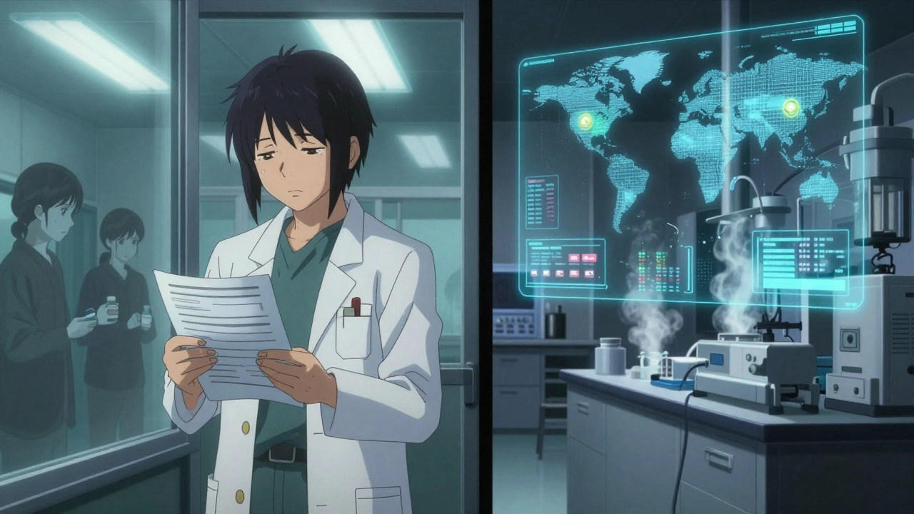 A pharmacist surrounded by recall notices, with a futuristic FDA lab reflected behind them.