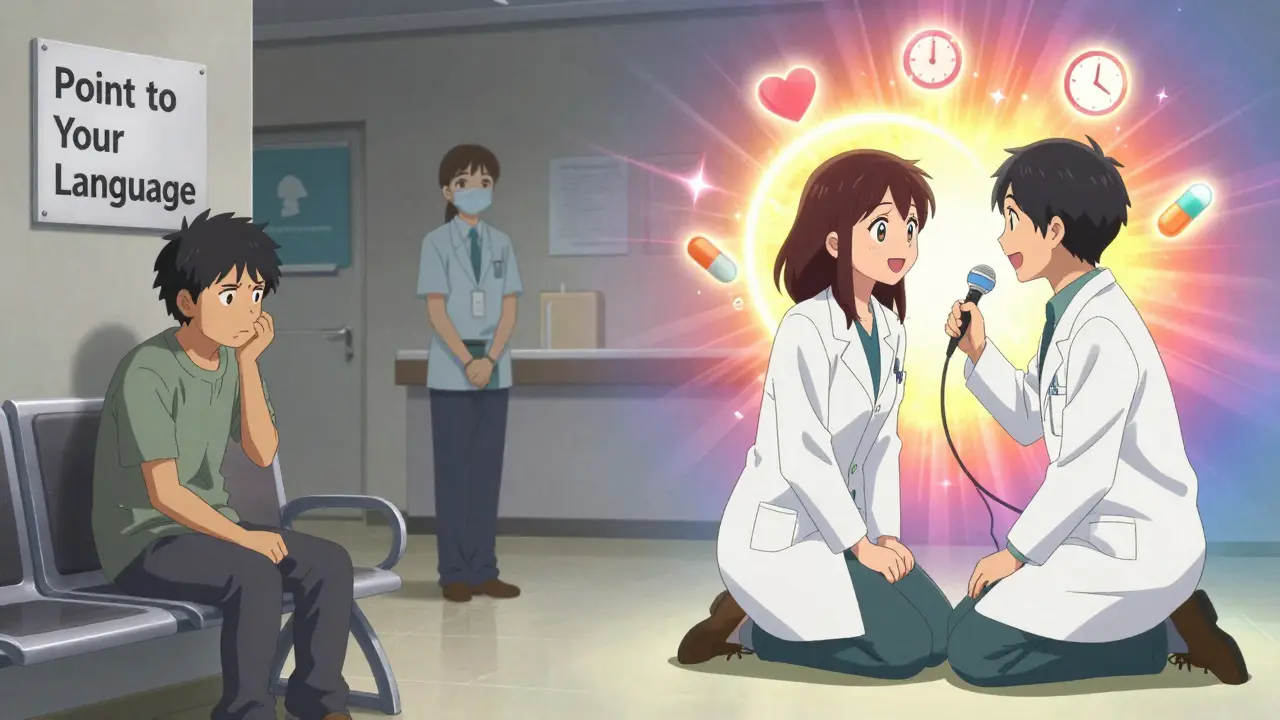 A split scene: one side shows neglect, the other shows compassionate care with a live interpreter helping a patient understand their prescription.