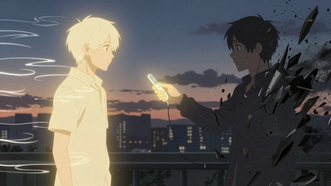 A split scene shows one side of a person free from tinnitus in warm light, the other trapped in sonic chaos, with a medical hand offering intervention.